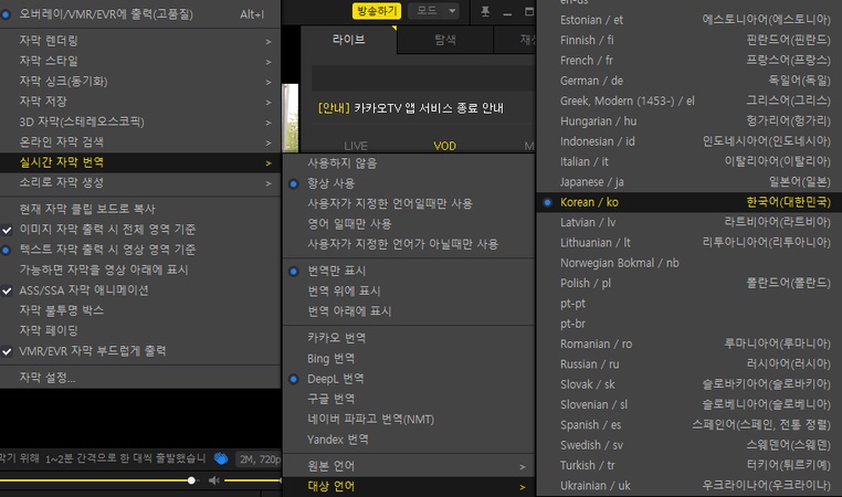 팟 플레이어 실시간 자막 번역 설정 방법